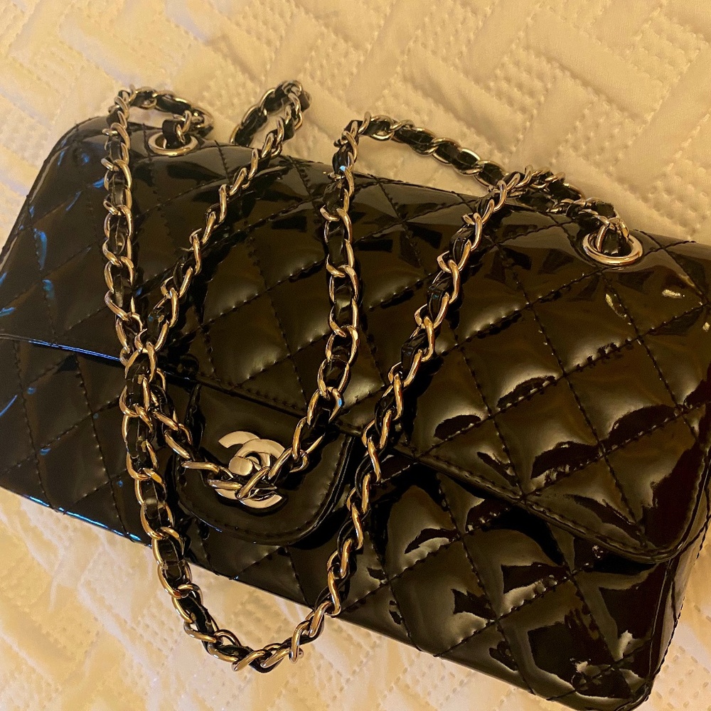 Chanel Black Leather Double Silver Chain Bag